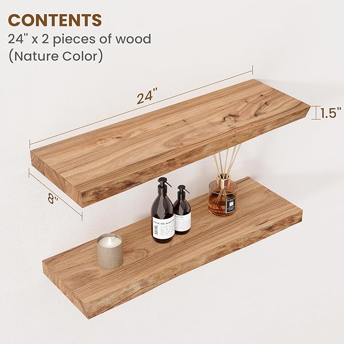 Floating Shelves for Wall Decor, Rustic Solid Elm Wood Live Edge Floating Shelves Wall Mounted, Wall Shelves with Invisible Bracket for Living Room Bathroom Bedroom Kitchen, 24 Inch Set of 2, Natural