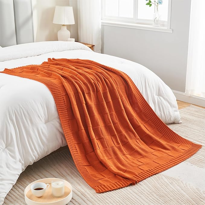 CozeCube Check Knit Throw Blanket, Rust Orange Checkered Throw for Couch, Decorative Christmas Soft Cozy Warm Knitted Blanket for Bed Sofa Living Room, 60"X80"