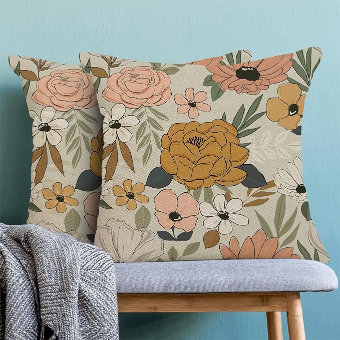 CXMEIFLY Spring Floral Pillow Covers 20 x 20 Inch Set of 2 for Vintage Mustard Yellow Pink Flowers Decor Throw Pillows Plant Cream Outdoor Decorative Cushion Cases for Couch Bed Decorations