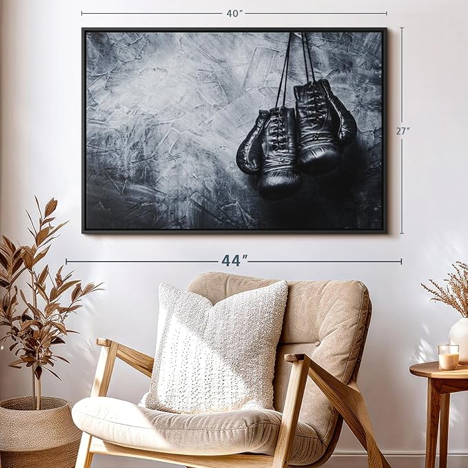 ElephantStock Boxing Gloves Wall Art - Horizontal Framed Canvas - 1-Piece Living Room Wall Decor - Photography Sports Canvas Print - Black and Gray Decor for Wall - 40" X 27"
