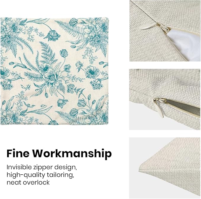 CXMEIFLY Aqua Teal Spring Pillow Covers 18 x 18 Inch Set of 2 for Chinoiserie Flowers Decor Throw Pillows Floral Leaves Seasonal Plant Outdoor Decorative Cushion Cases for Couch Bed Decorations