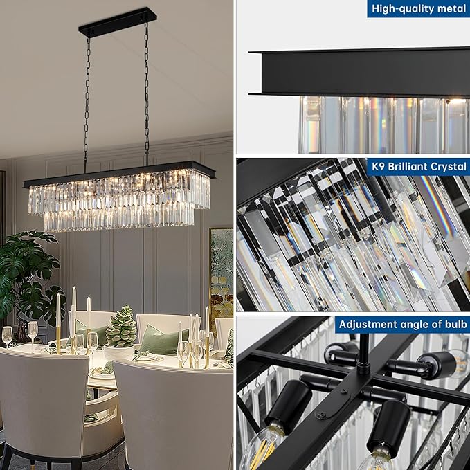 Crystal Chandeliers for Dining Room Light Fixtures Over Table，15-Lights Black Modern Rectangle Chandeliers for Kitchen Island Bar L40 Inch
