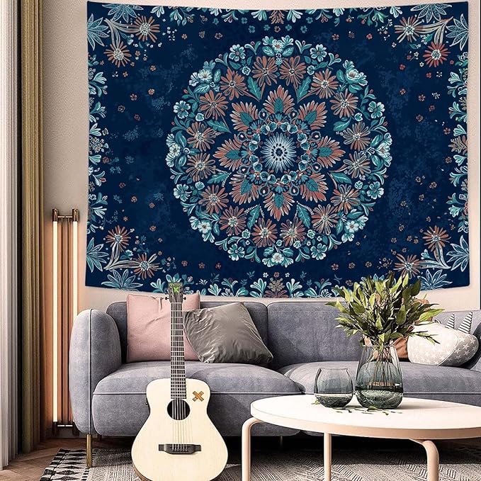 Fowocu Boho Floral Mandala Tapestry Wall Hanging Blue Bohemian Flower Medallion Tapestry Aesthetic Vintage Navy Hippie Indian Small Tapestries for Bedroom Living Room Dorm Decor 48 x 36 Inch