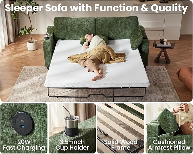 CHIC HOUSE Pull Out Sofa Bed, Full Size Sleeper Sofa, 2-in-1 Convertible Corduroy Couch with USB Charging, Memory Form Couch for Living Room, Apartment and Small Space (Green, Chenille - Queen Size)