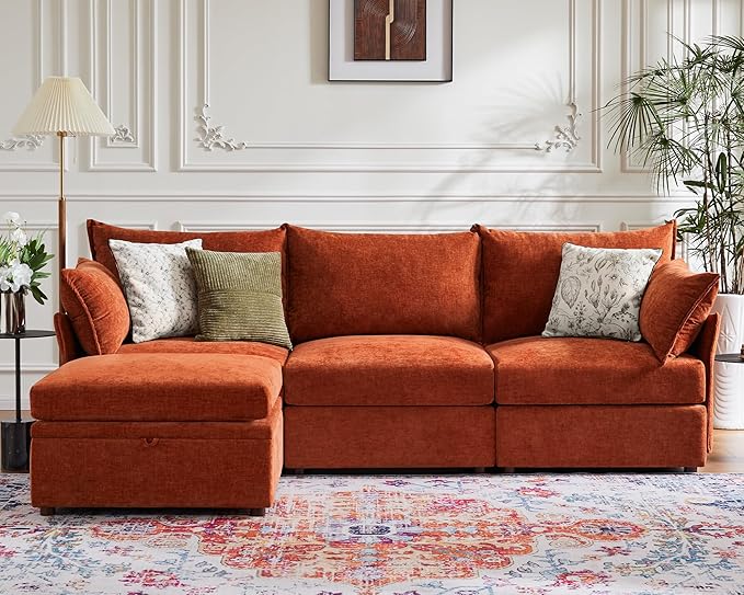 102.6" Modular Sectional Sofa, Oversized 3-Seater Terracotta Orange Couch with Removable Chenille Fabric Cover, Deep Seat & High Backrest for Living Room, Office & Apartment