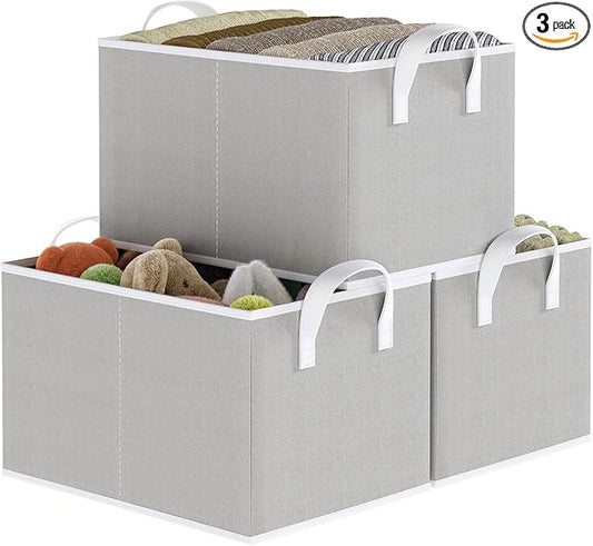 Closet Storage Bins, Fabric Closet Organizers and Storage Basket for Shelves, Collapsible Shelf Baskets for Organizing Shelves, Bedroom Clothes Basket, Gray, 3 Pack