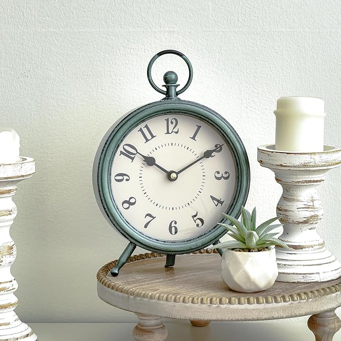 EMAX Home Vintage Green Rustic Retro Table Clock, Silent Non-Ticking, Battery Operated, 10.5"H, 7.28"W, Green Dial, Tabletop, Indoor, Kitchen