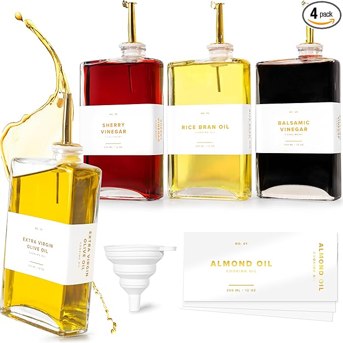 Glass Olive Oil Dispenser Bottle Set [4x12oz]: 36 Premium Gold Labels, Oil Dispenser for kitchen, Vinegar Bottle Set, Glass Dispensers for Soy Sauce, Syrup Bottles | Set of 4