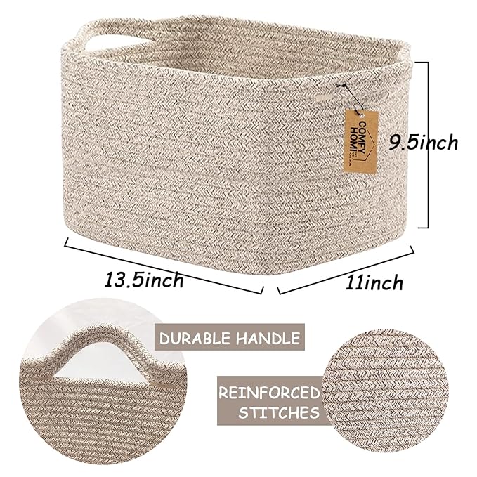 COMFY-HOMI 3PACK Cotton Rope Woven Basket With Handles for Shelves, Toy, Book, Cloth Storage Basket for Organizing|13.5" x 11" x 9.5" Decorative Nursery Cube Bin for Living Room（all brown）