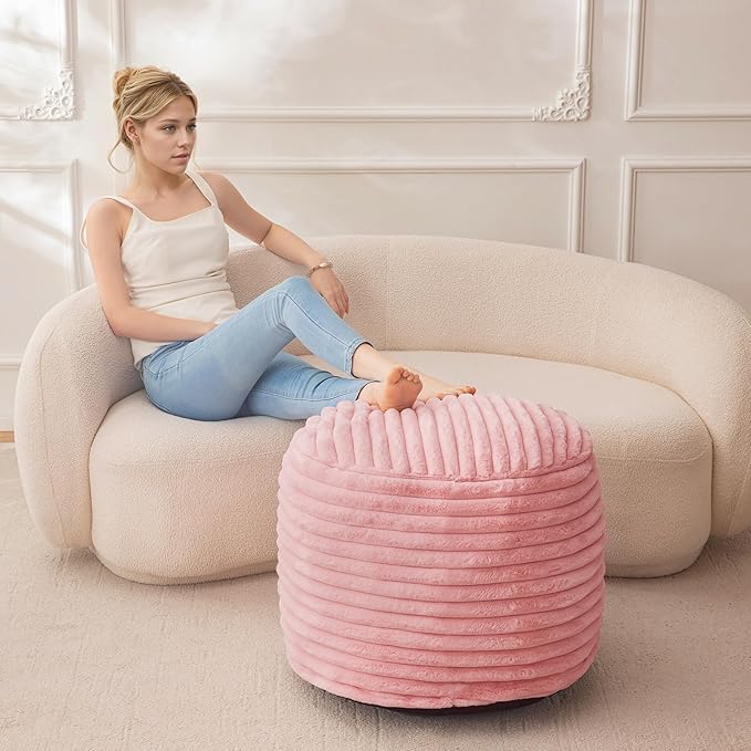 HIGOGOGO Round Stuffed Pouf Ottoman, Stripe Faux Fur Poufs with Foam Chunk Filling, Furry and Fluffy Pouf Foot Stool Storage Ottoman, 20 X 15 Floor Poufs Foot Rest for Living Room, Pink