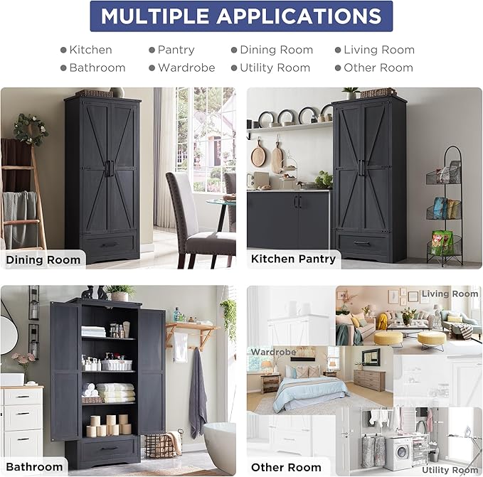 Farmhouse Kitchen Pantry Cabinet - 72" Tall Large Wood Kitchen Storage Cabinets with Adjustable Shelves & 2 Barn Doors & Drawer, Versatile Storage for Dining Room, Bathroom, Living Room, Antique Black