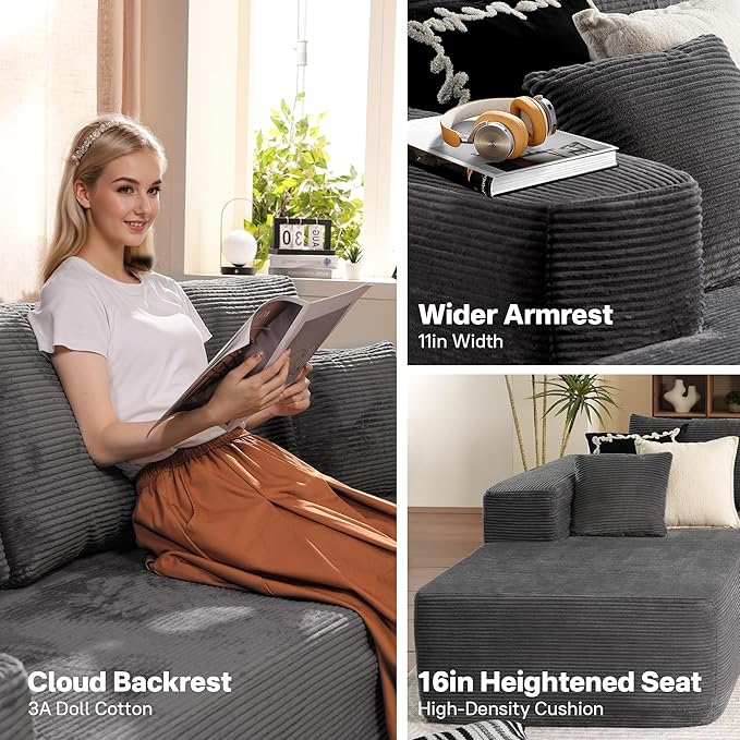 104" Cloud Sectional Couches for Living Room,L Shaped Boneless Couch in A Box,Sleeper Sofa with Comfy Chaise No Assembly Required,Grey