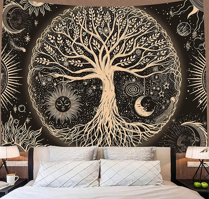FORATER Tree of Life Tapestry Wall Hanging Sun Moon Stars Tapestries Aesthetic Galaxy Wall Tapestry Nature Home Decoration for Living Room Bedroom(61 x 82 Inch, Black and Gold)