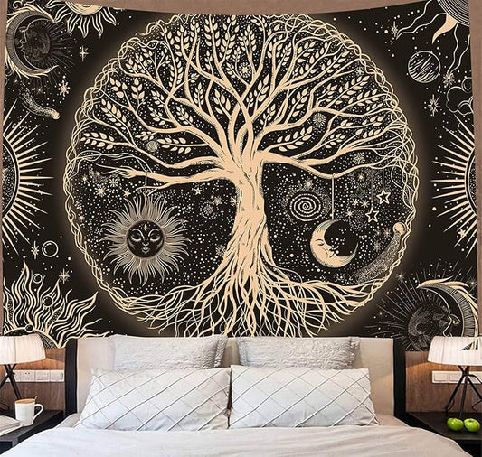 FORATER Tree of Life Tapestry Wall Hanging Sun Moon Stars Tapestries Aesthetic Galaxy Wall Tapestry Nature Home Decoration for Living Room Bedroom(61 x 82 Inch, Black and Gold)