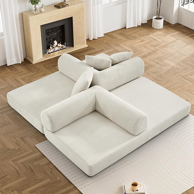 Convertible Sleeper Sofa Bed with Pillow, 4-in-1 Corduroy Folding Mattress Couch with Fixed-Shape Frame, Fold Out Floor Sofa Cama Lounge Couch for Living Room Bedroom Studio, Beige White