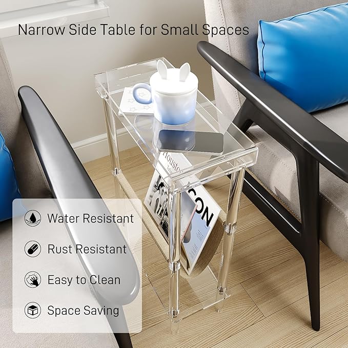Eglaf Acrylic Narrow Side Table for Small Spaces - Slim End Table with Magazine Holder - Skinny Side Table Small Bedside Table Nightstand for Living Room Bedroom- 15.7” L x 7” W x 23.9” H, Clear