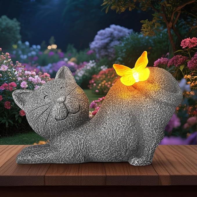 Cute Solar Cat Garden Statue with Lighted Butterfly, Outdoor Waterproof Resin Cat Figurine for Yard Lawn Patio Porch, Solar Powered Garden Decor and Gift for Cats Lovers
