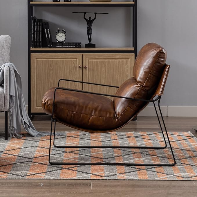 DUOMAY Mid-Century Accent Chair Armchair Set of 2, Comfy PU Leather Leisure Chair Lazy Chair with Metal Leg for Living Room Bedroom Office Apartment, Brown