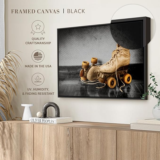 ElephantStock Vintage Skates Pop Wall Art - Horizontal Framed Canvas - 1-Piece Living Room Wall Decor - Sport Photography Canvas Print - Beige and Black Decor for Wall - 19" X 13"