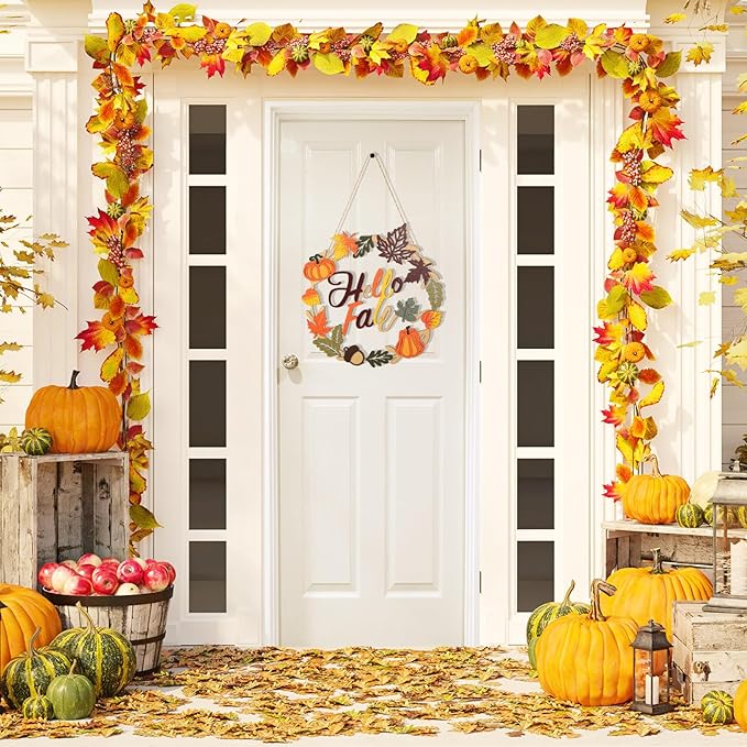 Fall Decoration Hello Fall Wreaths for Front Door, Wooden Welcome Maple Leaf Pumpkin Door Sign Ornament, Wood Farmhouse Wooden Hanging for Autumn Harvest Home Halloween Decoration