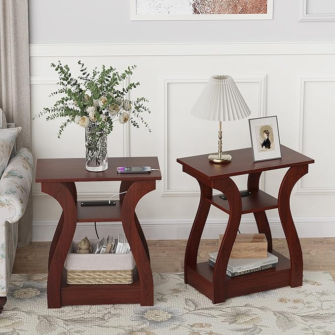 End Tables Living Room Set of 2,Cherry End Table with Charging Station,Side Table, Nightstand for Bedroom, 3 Tier End Table with Storage Shelf for Living Room(Cherry)