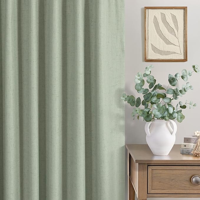 Dark Academia Decor Sage Green Linen Textured Blackout Curtains Panels 90 Inch Length Luxury Curtains for Living Room Pretty Heavy Thick Linen Black Out Thermal Long Drapes Back Tab Rod Pocket Pleated