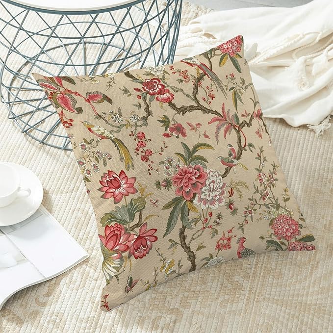 CXMEIFLY Spring Floral Birds Pillow Covers 20 x 20 Inch Set of 2 for Chinoiserie Flowers Decor Throw Pillows Pink Red Plant Outdoor Decorative Cushion Cases for Couch Bed Decorations