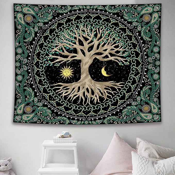FORATER Tree of Life Wall Hanging - Aesthetic Sun and Moon Tapestry with Vintage Paisley Flowers (53 x 61 inches, Multicolor) for Bedroom, Living Room, Dorm