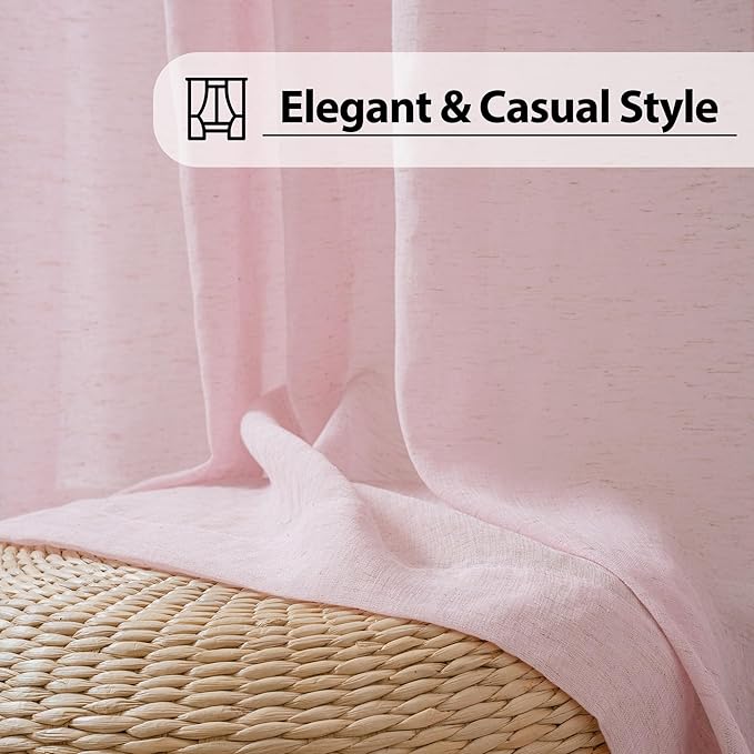 FMFUNCTEX Linen Sheer Curtains for Bedroom, Pink Curtains 63 Inch Length for Living Room, Blush Pink Farmhouse French Flax Blend Window Draperies, Rod Pocket 2 Panels Set
