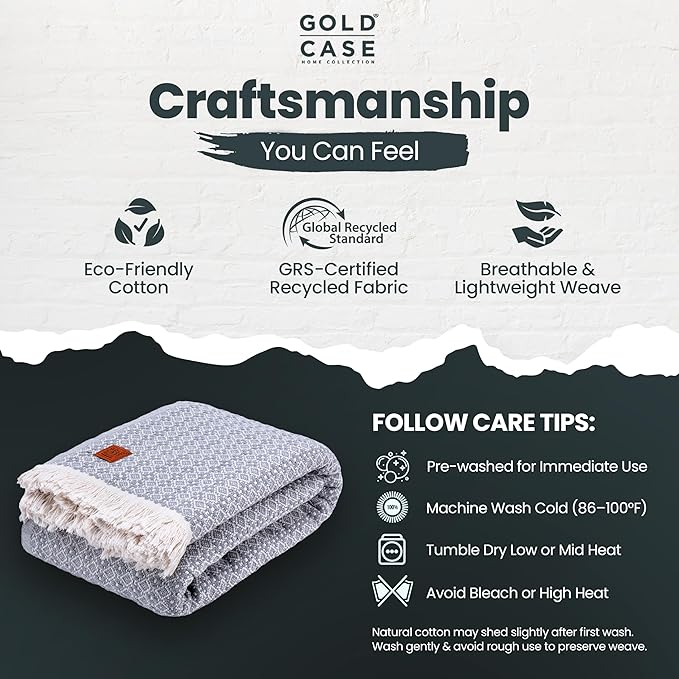 Gold Case Throw Blanket for Bed – 100% Recycled Turkish Cotton Bed Blanket – Decorative Throw Cotton Blankets for Living Room & Bedroom – Woven Twin Blankets - 71x90 - Grey