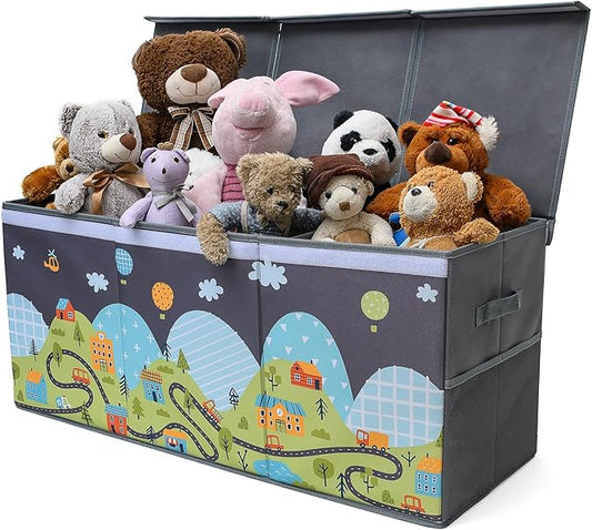 Extra Large Toy Storage Organizer with Lid - Sturdy, Collapsible Toy Chest Storage Box with Cute Design - Toys Bin with Dividers for Kids, Boys, Girls, Nursery, Bedroom, Play room 37"x16"x14"