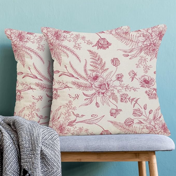 CXMEIFLY Hot Pink Spring Pillow Covers 18 x 18 Inch Set of 2 for Chinoiserie Flowers Decor Throw Pillows Floral Leaves Seasonal Plant Outdoor Decorative Cushion Cases for Couch Bed Decorations