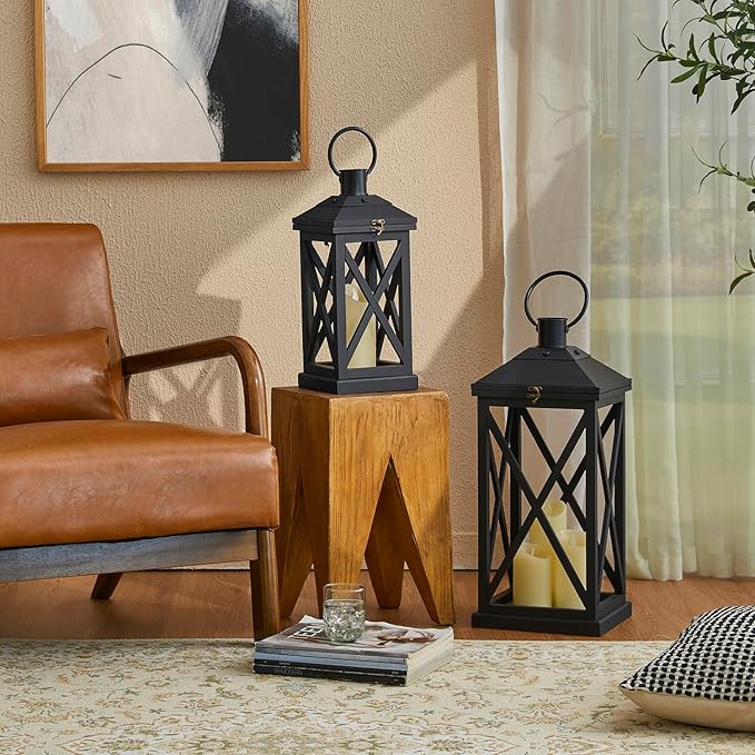 Glitzhome Modern Farmhouse Wooden Lantern Hanging Decorative Candle Lantern for Outdoor & Indoor Black Set of 2 (No Glass)