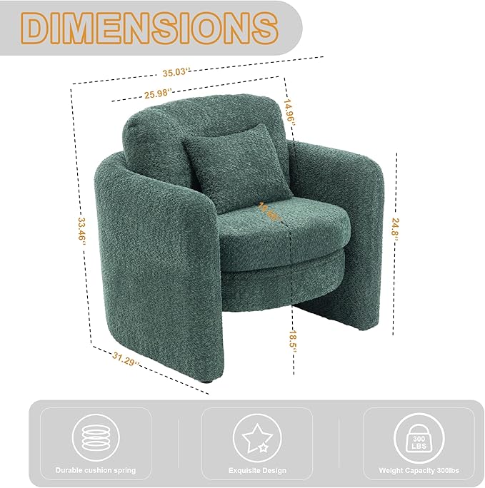 Chenille Accent Armchair Oversize Upholstered Barrel Comfy Modern Round Lounge Sofa Chair with Pillow Cozy Reading Chairs for Apartment,Office,Living Room,Dining,Makeup,Club,Green 2SET
