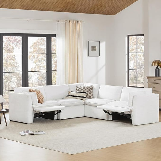 CHITA Power Sectional Down Filled Corner Sofa, Comfty Feather V Shape Power Modular, FSC Certified Modern Cloud Couch with Electric Footrests, 107 inch Width,5 Seat Sofa, Cream