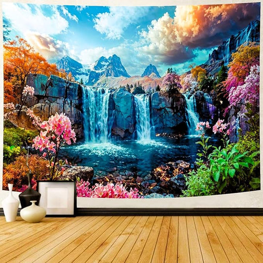 Delur Waterfall Tapestry Tropical Forest Mountain Sunset Tree Wall Hanging Tapestry Scenic Rainforest Landscape Nature Sunrise Headboard for Bedroom Living Room Home Decor (70.8" x 92.5")