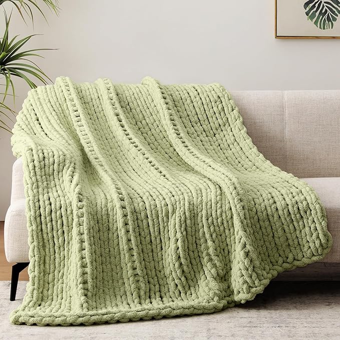 Chunky Knit Throw Blanket, 30''*40'' Knitted Throw Chenille Yarn for Bed Couch, Handmade Light Green Crochet Big Thick Blanket, Machine Washable Cute Comfy Blanket for Home Decor
