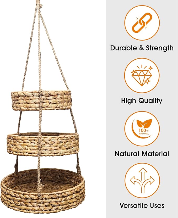 Generic HANFRUBASK - Hanging Fruit Basket Set of 3, Woven Water Hyacinth, Round, Beige, Rustic, Kitchen Storage & Organization