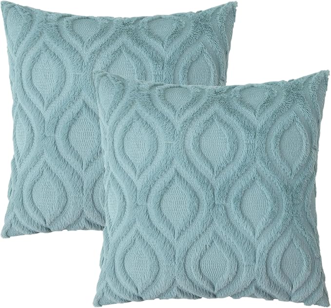 decorUhome Fall Throw Pillow Covers 20x20 Inch Set of 2, Soft Plush Decorative Faux Fur Aqua Solid Couch Pillow Covers, Accent Farmhouse Neutral Square Euro Pillow Cases for Sofa Bed Living Room
