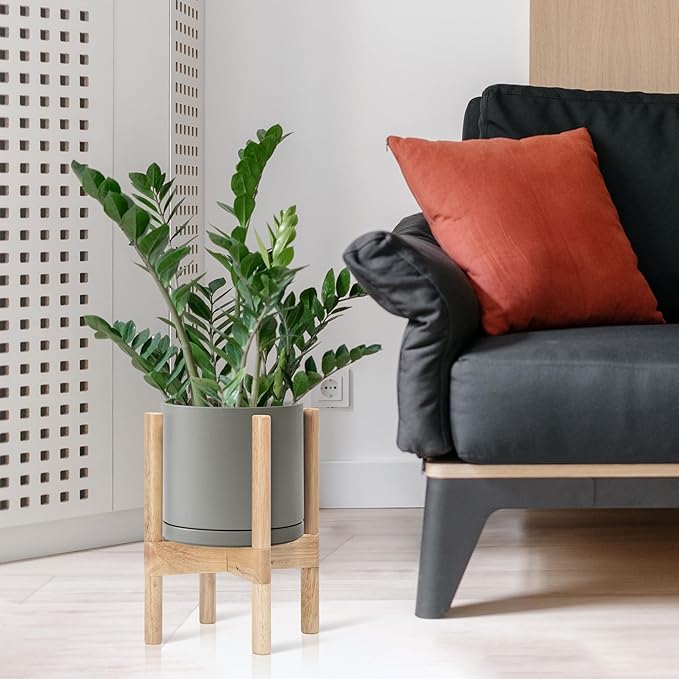 D'vine Dev Ceramic Planter with Natural Stand - 8 Inch Modern Round Flower Pot with Wood Planter Holder, Grey, 55-B-N-3