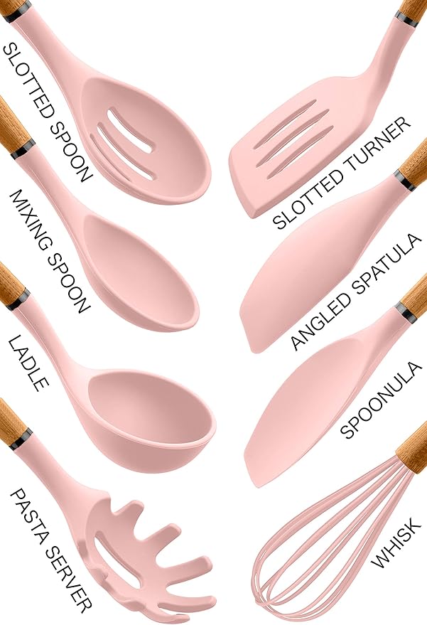 Country Kitchen Non Stick Silicone Utensil Set with Rounded Wood Handles for Cooking and Baking, 8 Piece Set, Pink