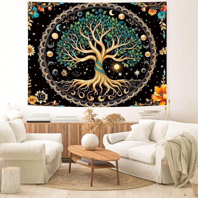 Delur Tree of Life Tapestry Moon Phase Nature Flower Plant Tapestry Wall Hanging Boho Mandala Spiritual Sun Aesthetic Psychedelic Headboard for Bedroom Living Room Home Decor (70.8" x 92.5")