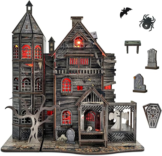DIY Mini House Kit, Miniature Haunted House Kits with LED Accessories Furniture, 3D Wooden Puzzles for Adults, Dollhouse Craft Gifts for Girls, Boys, Teens