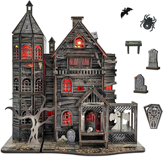DIY Mini House Kit, Miniature Haunted House Kits with LED Accessories Furniture, 3D Wooden Puzzles for Adults, Dollhouse Craft Gifts for Girls, Boys, Teens
