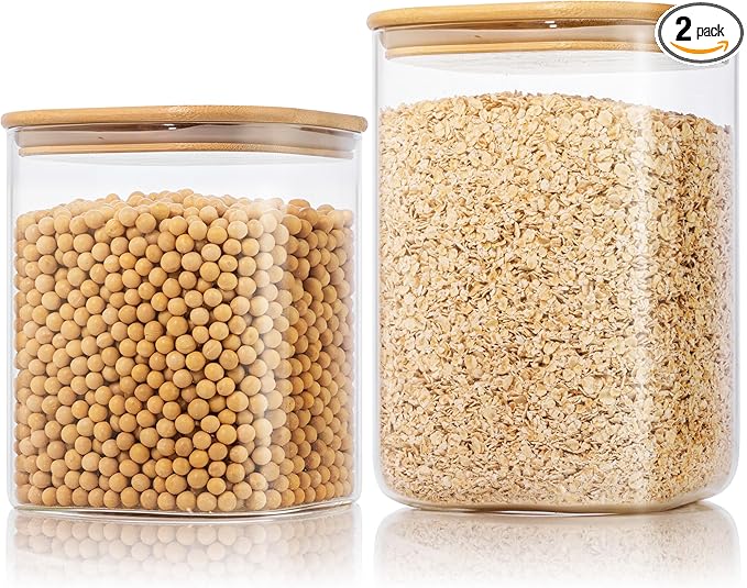 Extra Large Square Glass Flour & Sugar Storage Containers with Airtight Lids, 132 floz & 63 floz - 2 Pack Glass Jars with Bamboo Lids, Air tight Food Storage Containers for Cereal, Pasta, Rice