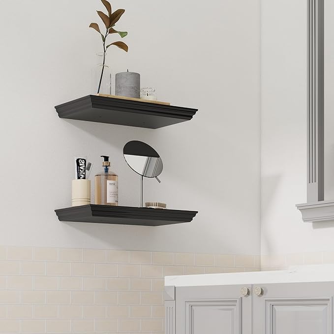 Floating Shelves for Wall, 16 Inch Wall Mounted Black Hanging Shelf for Kitchen, Living Room, Office, Bedroom, Bathroom, Retro Vintage Wood Bookshelf for House Decor