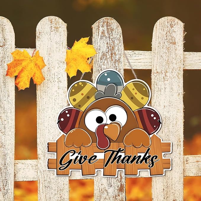 Give Thanks Sign Turkey Front Door Decor Thanksgiving Day Wood Door Hanger, Fall Wooden Thankful Wreath Hanging Decoration for Outdoor Outside Porch, Housewarming Gift