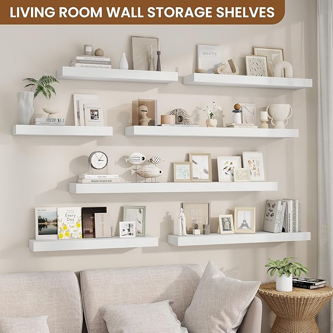 fuqing Floating Shelves for Wall, Bathroom Shelf Wall Mounted for Storage, Shelves with Invisible Bracket for Bedroom, Kitchen, Living Room, Farmhouse Small Book Shelf, 24 Inch Set of 2, White