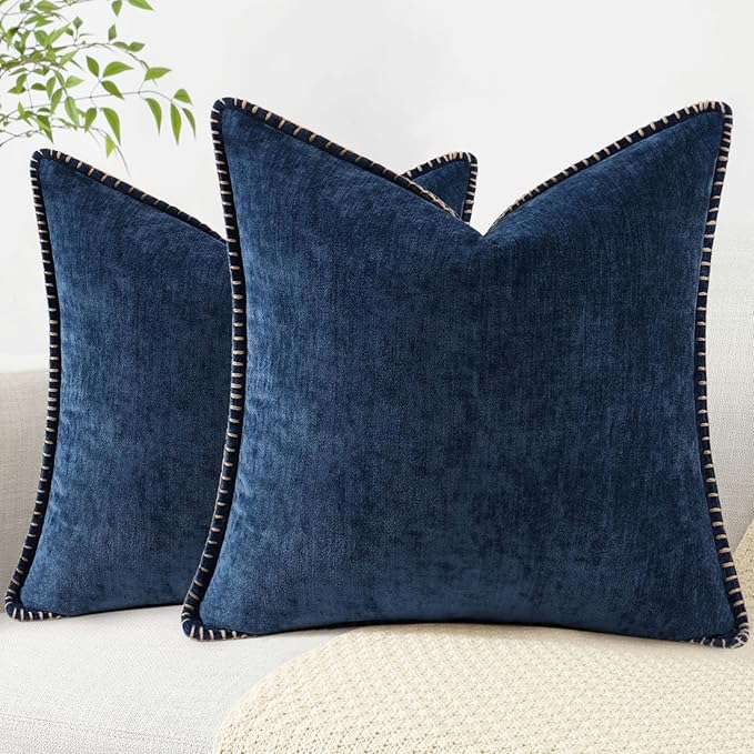 decorUhome Chenille Soft Throw Pillow Covers 18x18 Set of 2, Farmhouse Velvet Neutral Decorative Euro Pillow Covers with Stitched Edge for Couch Sofa Bed Home Decor, Poseidon