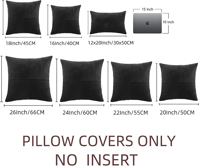 Fancy Homi 2 Packs Black Decorative Throw Pillow Covers 18x18 Inch for Living Room Couch Bed Sofa, Rustic Farmhouse Boho Home Decor, Soft Corss Corduroy Patchwork Textured Square Cushion Case 45x45 cm